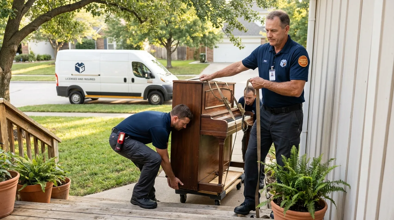 Licensed piano movers securing grand piano in Catlin, IL