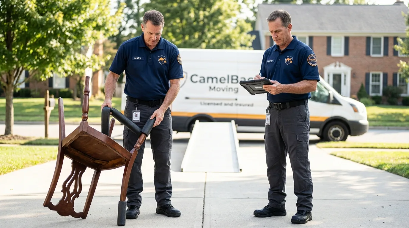 Movers inspecting furniture for damage prevention before loading in Catlin, IL